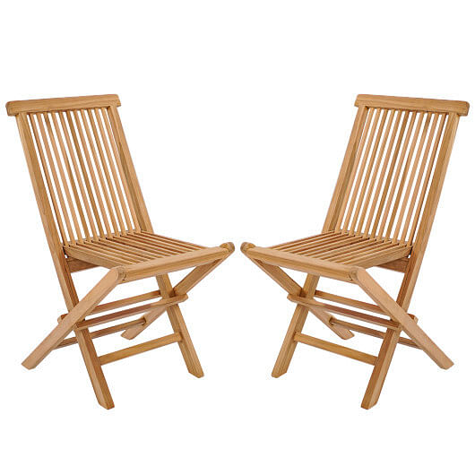 Set of 2 Indonesia Teak Patio Folding Chairs with High Back and Slatted Seat