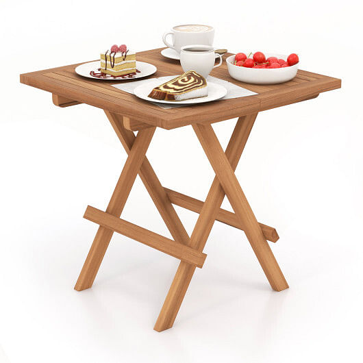 Square Patio Folding Table Indonesia Teak Wood with Slatted Tabletop Portable for Picnic