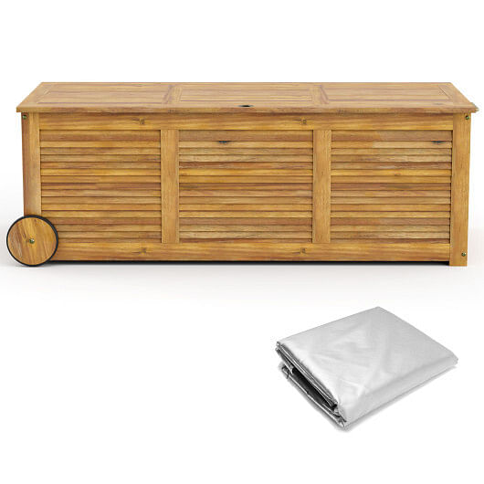 Rolling Patio Wooden Deck Box with 2 Wheelsand Side Handle for Outdoor