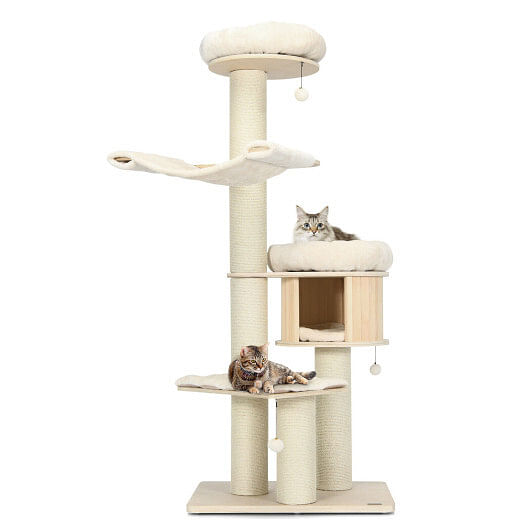 4-Layer 68.5-Inch Wooden Cat Tree Condo Activity Tower with Sisal Posts-Natural