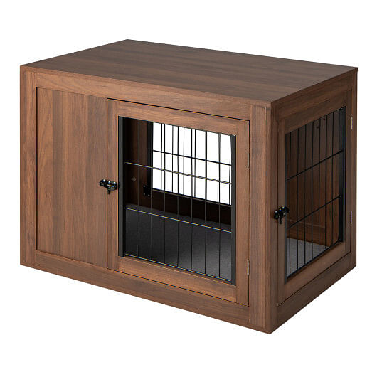 Furniture Dog Crate with Cushion and Double Doors-Walnut