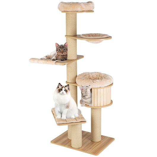 Modern Tall Cat Tree Tower with Scratch Posts and Washable Mats-Beige