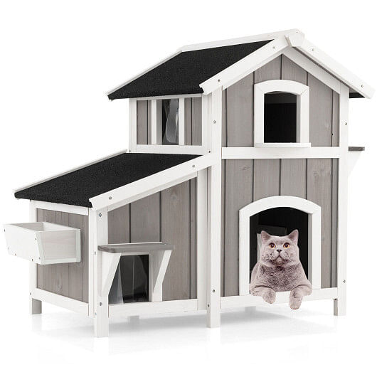 Outdoor 2-Story Wooden Feral Cat House with Escape Door-Gray