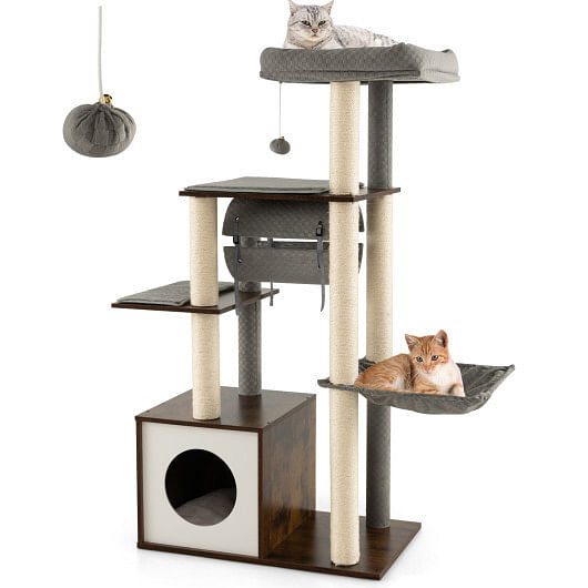 53 Inch Cat Tree with Condo and Swing Tunnel-Brown