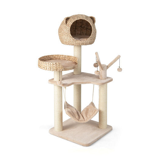 Multi-Level Cat Tree with Condo Hammock and Rotatable Hanging Balls-Natural