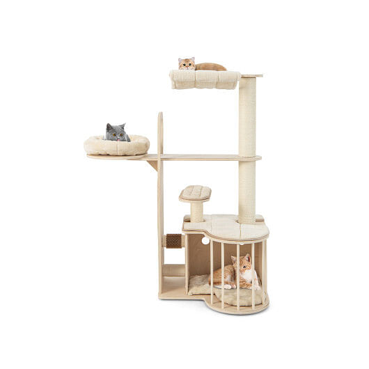 55 Inch Tall Multi-Level Cat Tree with Washable Removable Cushions-Natural