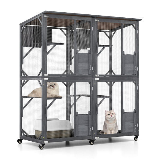 72 Inch Large Wooden Cat House Catio Kitten Enclosure on Wheels with Weatherproof Asphalt Roof-Gray