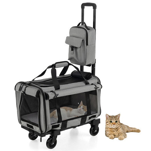 Rolling Cat Carrier with Dual-use Pads and Litter Bag-Gray