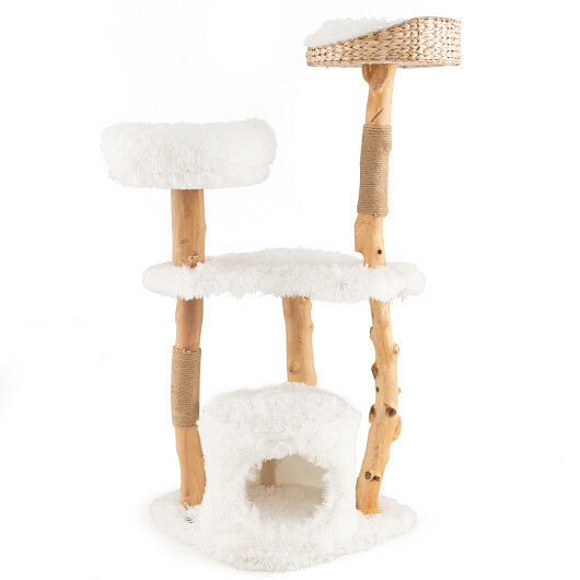 Solid Wood Cat Tower with Top Cattail Basket Cat Bed for Indoor Cats-White