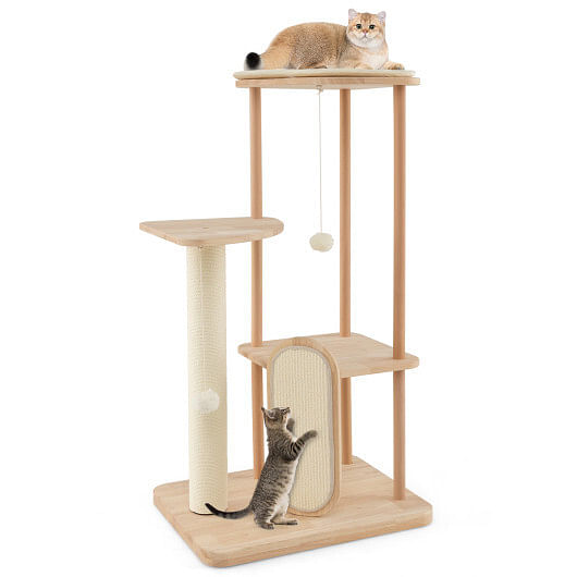 Wooden Multi-level Modern Cat Tower with Scratching Board and Post-50 inches