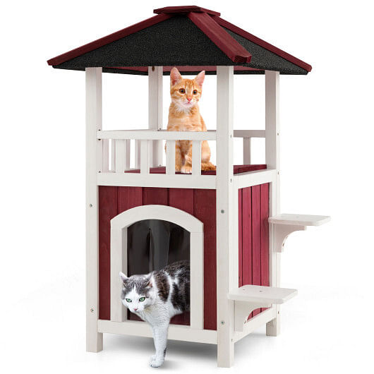 2-Story Wooden Cat House with Asphalt Roof Balcony and Rain Curtain-Red & White