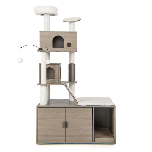 Cat Tree with Litter Box Enclosure for Indoor Cars-Gray