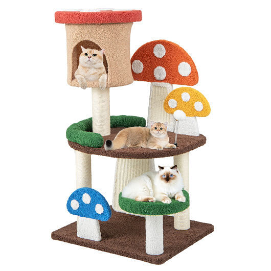 4-In-1 Mushroom Cat Tree with Condo Spring Ball and Sisal Posts-Multicolor