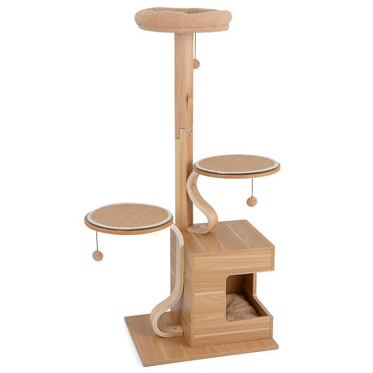 4-Layer Wooden Cat Tree 51″ Tall Cat Tower with Condo and Washable Cushions-Natural