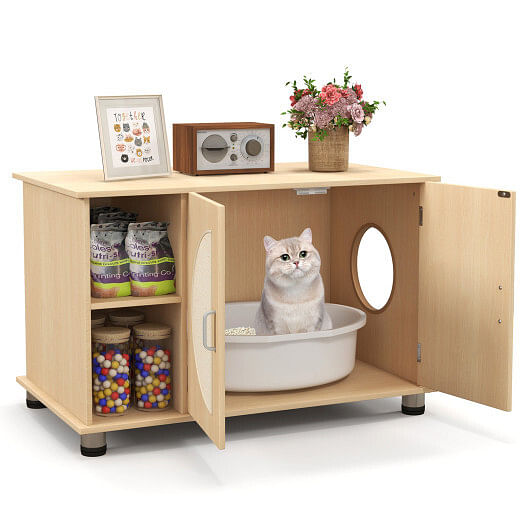 Cat Litter Box Enclosure with Sisal Scratching Doors and Adjustable Metal Feet-Natural