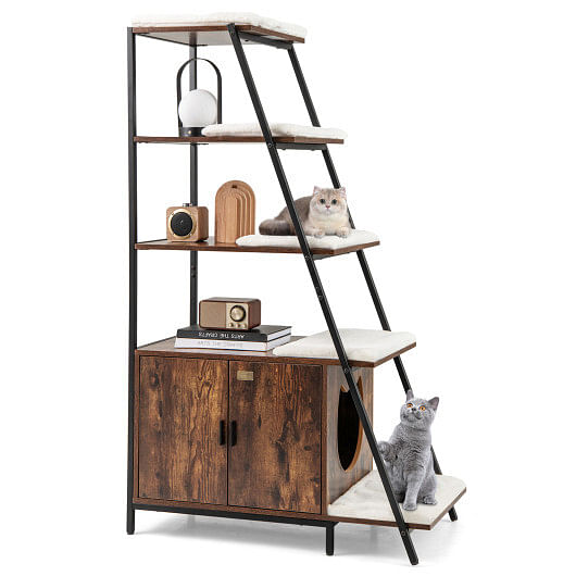 Large Cat Litter Box Enclosure with Storage and Ladder Shelf-White