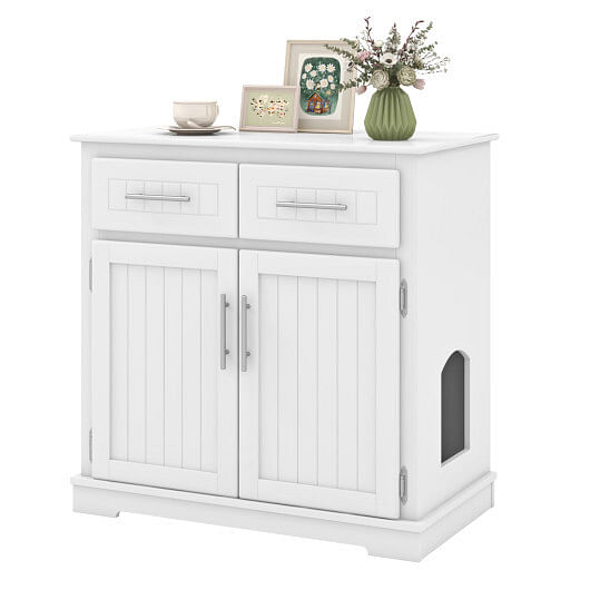 Cat Litter Box Enclosure with 2 Drawers and Double Doors-White