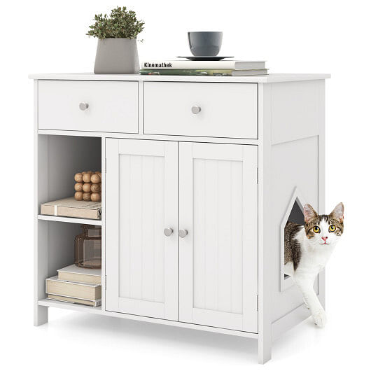 Hidden Cat Washroom Side Cabinet Wooden Pet House with 2 Drawers-White