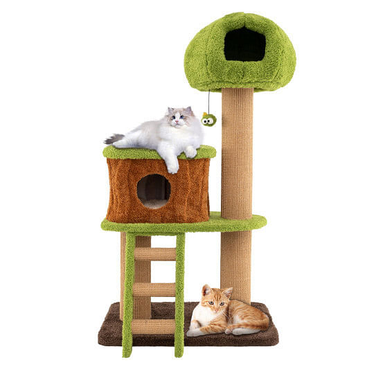 Cute Cat Tree for Indoor Cats with Mushroom-shaped Nest Condo and Climbing Ladder-Green