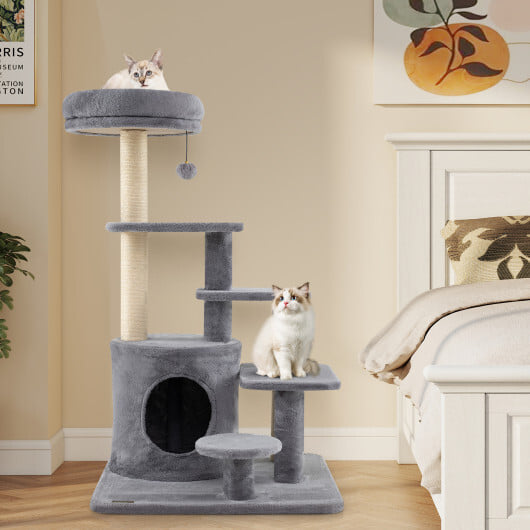 40 Inch Multi-level Cat Tower with Condo and Dangling Jingle Ball-Gray - Image 2