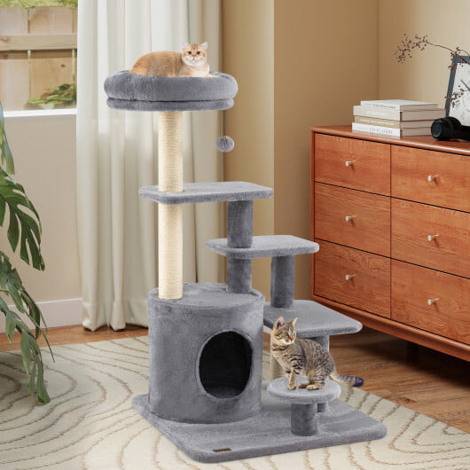 40 Inch Multi-level Cat Tower with Condo and Dangling Jingle Ball-Gray - Image 3