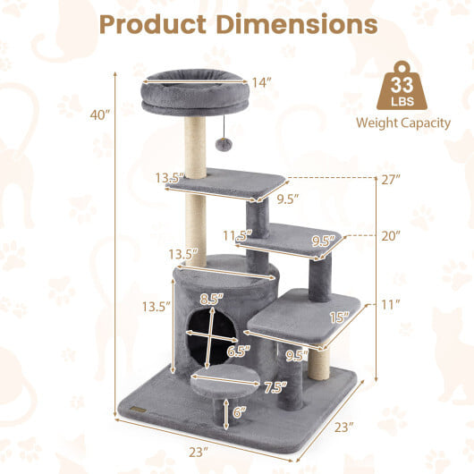 40 Inch Multi-level Cat Tower with Condo and Dangling Jingle Ball-Gray - Image 4