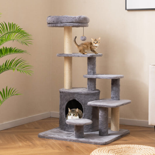 40 Inch Multi-level Cat Tower with Condo and Dangling Jingle Ball-Gray - Image 5