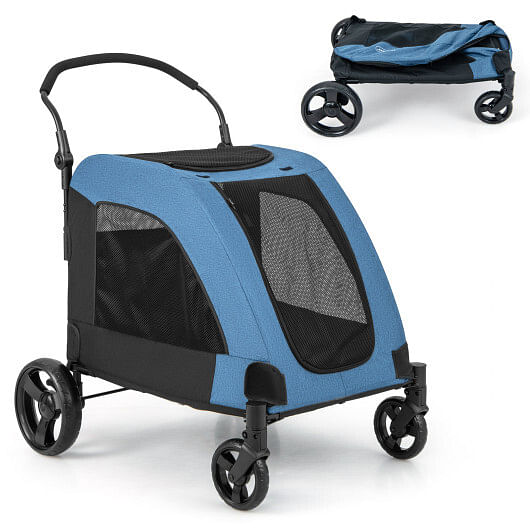 4 Wheels Extra Large Dog Stroller Foldable Pet Stroller with Dual Entry-Blue