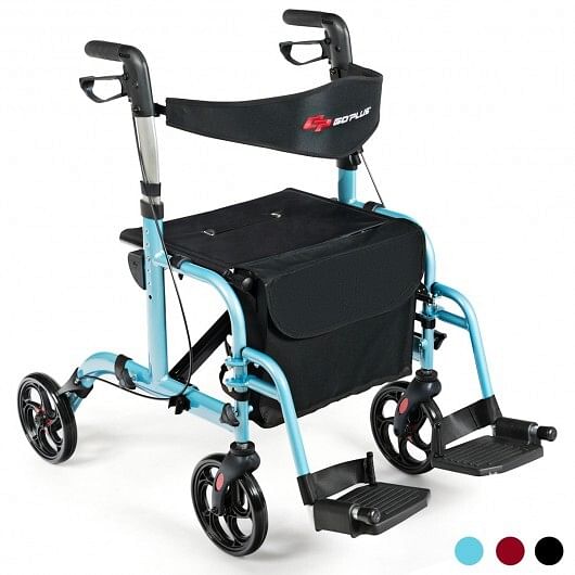 2-in-1 Adjustable Folding Handle Rollator Walker with Storage Space-Blue