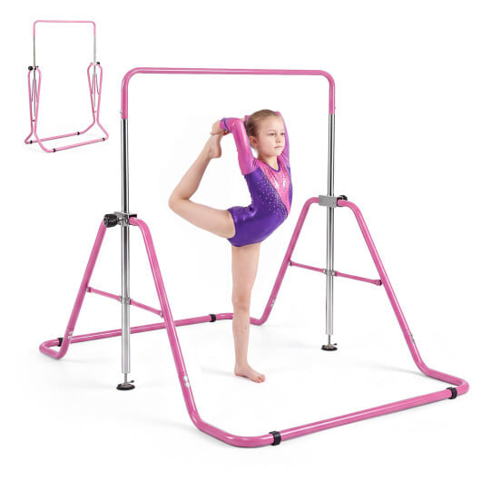 143 lbs Capacity Foldable and Adjustable Kids Gymnastics Bar with 5 Height Levels-Pink