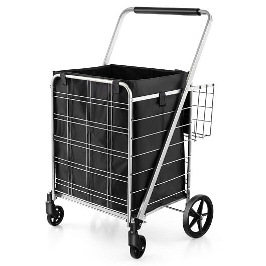 Folding Shopping Cart with Waterproof Liner Wheels and Basket-Silver