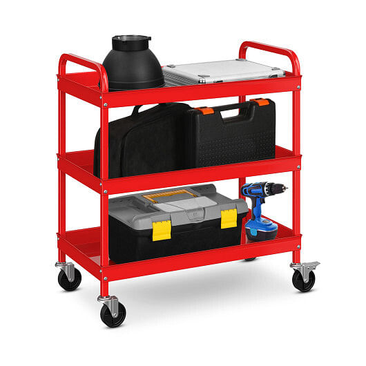 3-Tier Metal Utility Cart with Lockable Casters and Handles-Red