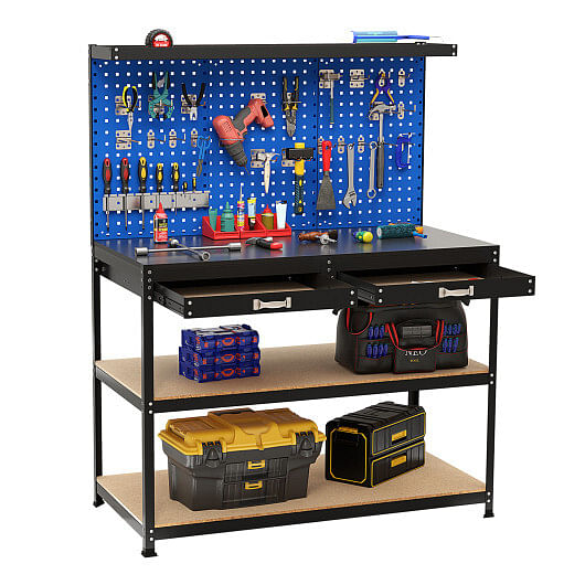 48 x 24 Inch Workbench Work Table with 3 PCs Pegboard Drawer and Shelves-Black