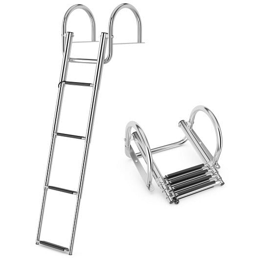 4-Step Pontoon Boat Ladder Folding Swimming Ladder with Curved Handrails