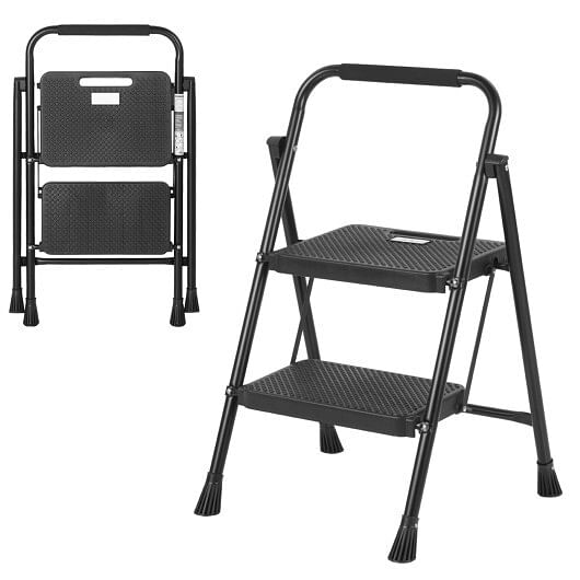 Portable Folding 2 Step Ladder with Wide Anti-Slip Pedal-Black