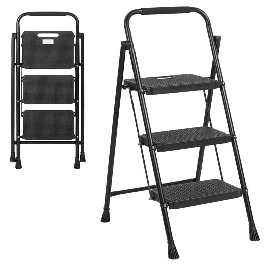 Portable Folding 3 Step Ladder with Wide Anti-Slip Pedal and Convenient Handle-Black