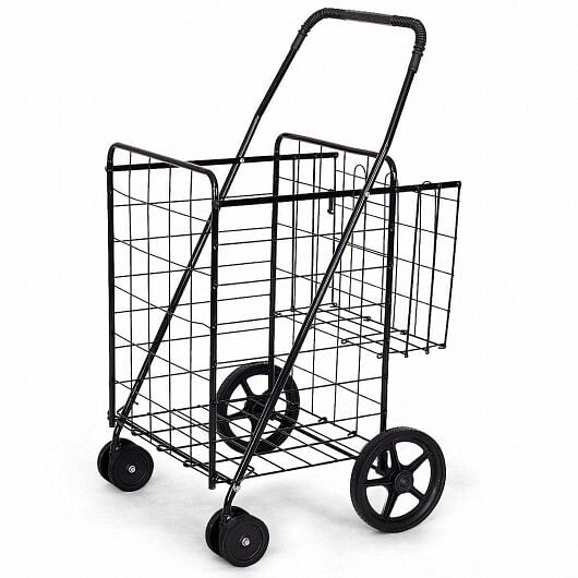 Folding Shopping Cart for Laundry with Swiveling Wheels and Dual Storage Baskets-Black