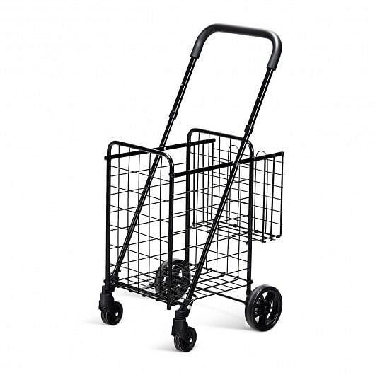 Folding Shopping Cart Basket Rolling Trolley with Adjustable Handle-Silver