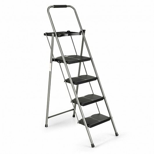 Folding 4-Step Ladder with Tool Tray Non-Slip Footpads and Pedals