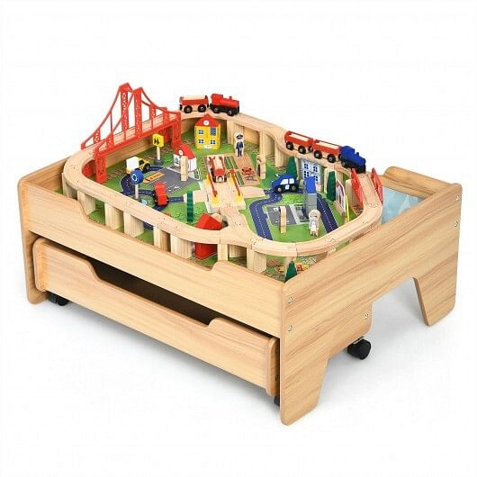 Children’s Wooden Railway Set Table with 100 Pieces Storage Drawers