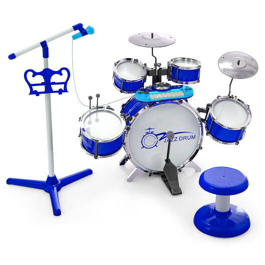 Kids Jazz Drum Keyboard Set with Stool and Microphone Stand-Blue