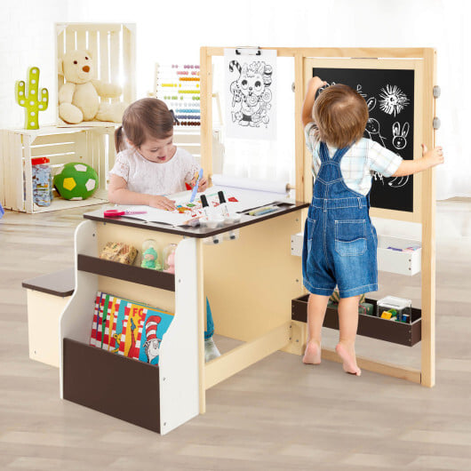 Kids Art Center Wooden Table Bench Set-Brown - Image 2
