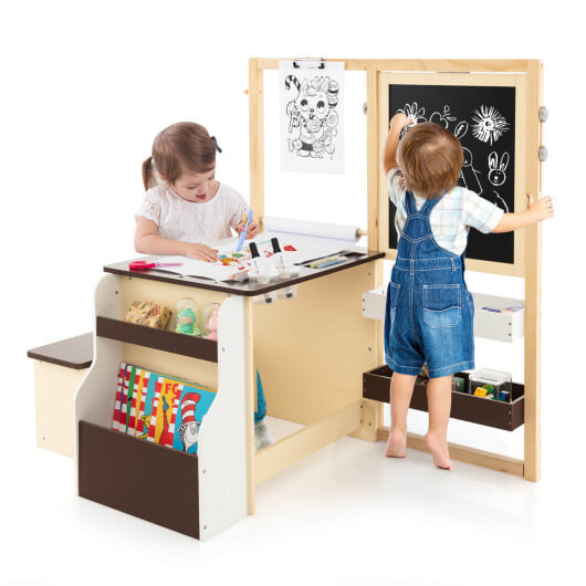 Kids Art Center Wooden Table Bench Set-Brown - Image 3
