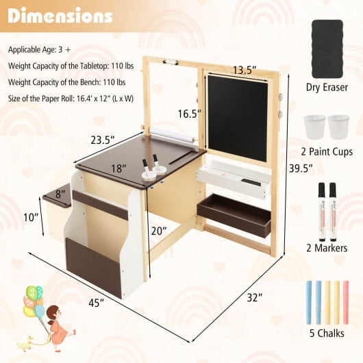 Kids Art Center Wooden Table Bench Set-Brown - Image 4