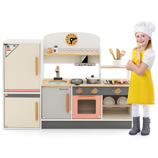 Kids Play Kitchen Set with Realistic Range Hood and Refrigerator