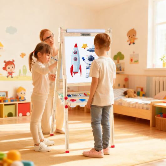 3-in-1 Double-Sided Folding Wooden Kids Art Easel with Paper Roll - Image 2