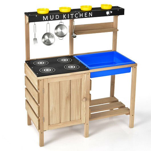 Outdoor Mud Kids Kitchen Playset Wooden Pretend Play Toy with Kitchenware