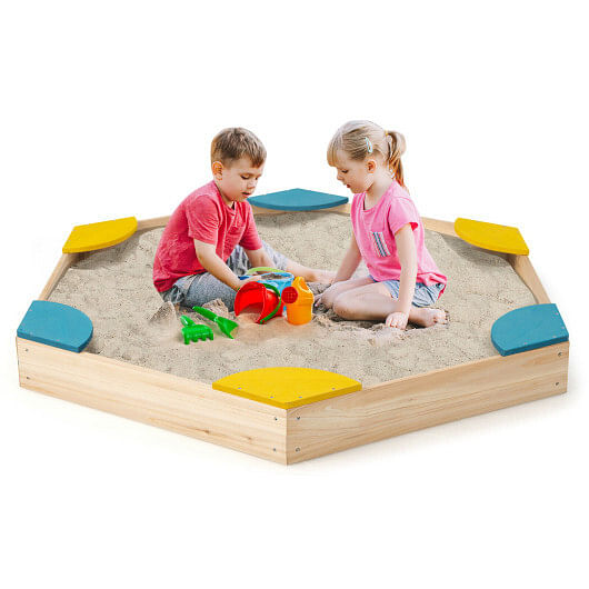 Outdoor Solid Wood Sandbox with 6 Built-in Fan-shaped Seats