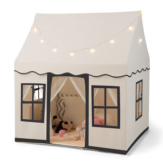 Toddler Large Playhouse with Star String Lights-Beige