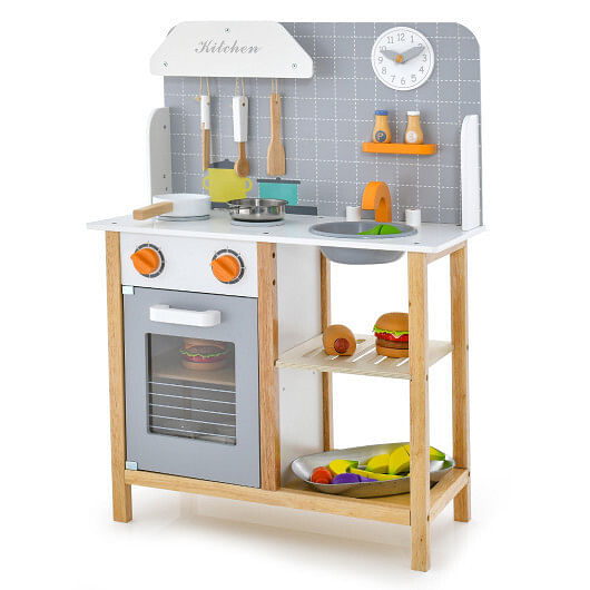 Wooden Toddler Pretend Kitchen Set with Cookware Accessories for Boys and Girls-Grey